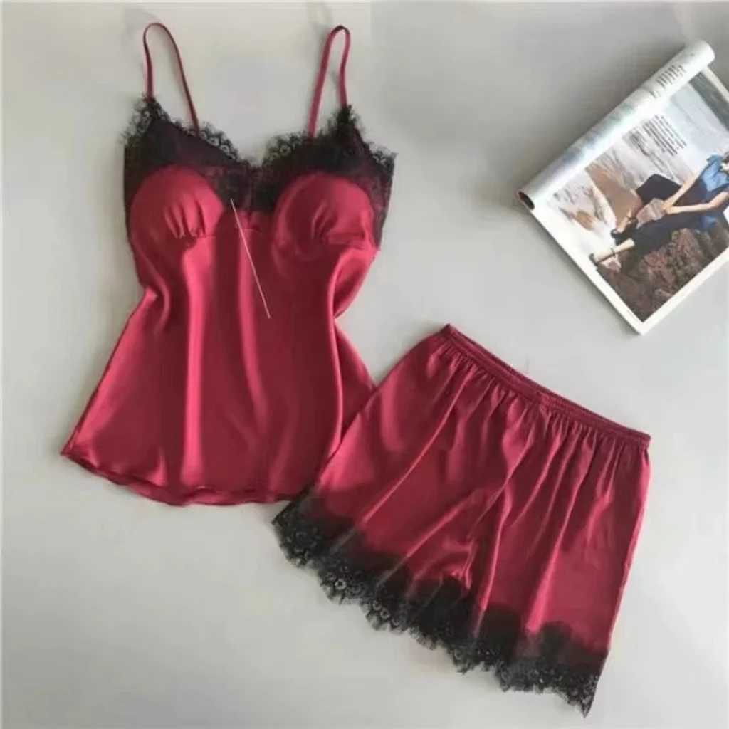 Womens Halter Pajamas 2 PCS Camisole And Shorts Home Wear Red Black Sexy Lace S M Ventilate ComfortXJ250220