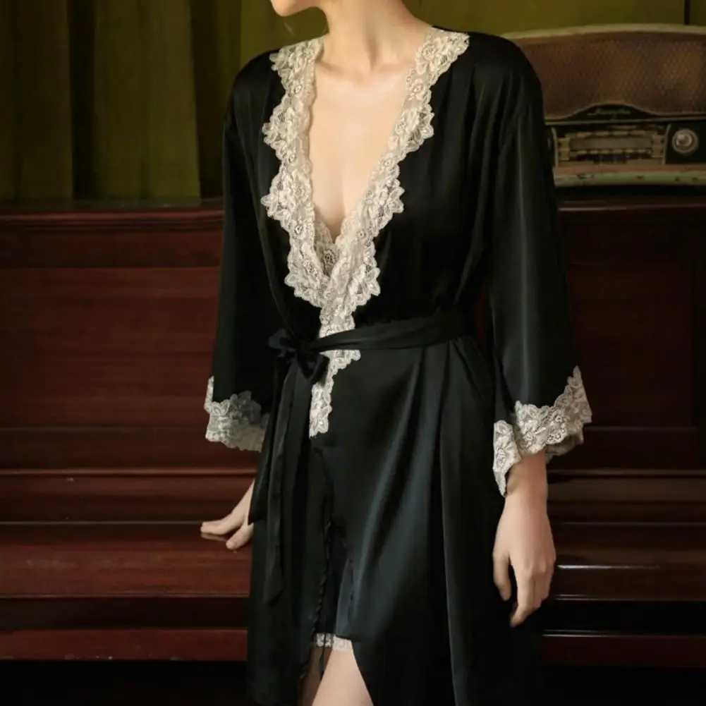 5 Pcs/Set Women Pajamas Suit Silky Satin Nightgown Nightdress Top Shorts Pants Set Lace Patchwork Lace-up Women Spwear SetXJ250220
