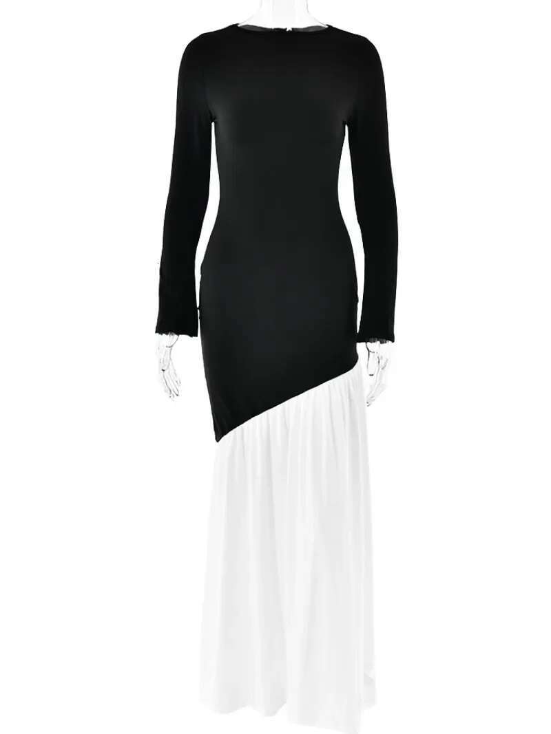 Women's Chic O-Neck Sleeve Black White Patchwork Asymmetrical Long Dress 2025 Spring Office Lady Slim Evening Party Dresses