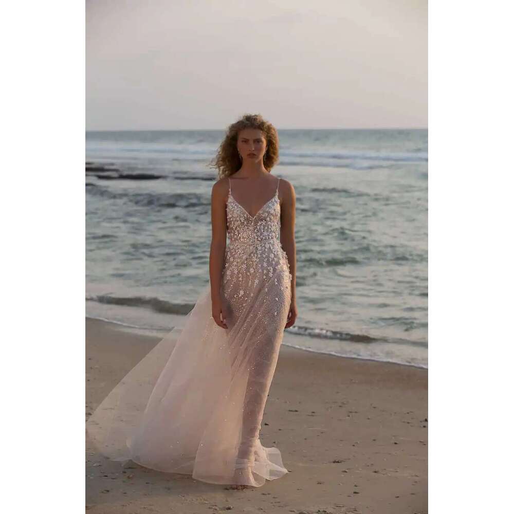 Elegant Wedding Dresses A-E V-Neck Appliques Sequins Sleeveless Backless Or-Length Bride Vestido De Noiva Customized 6660311
