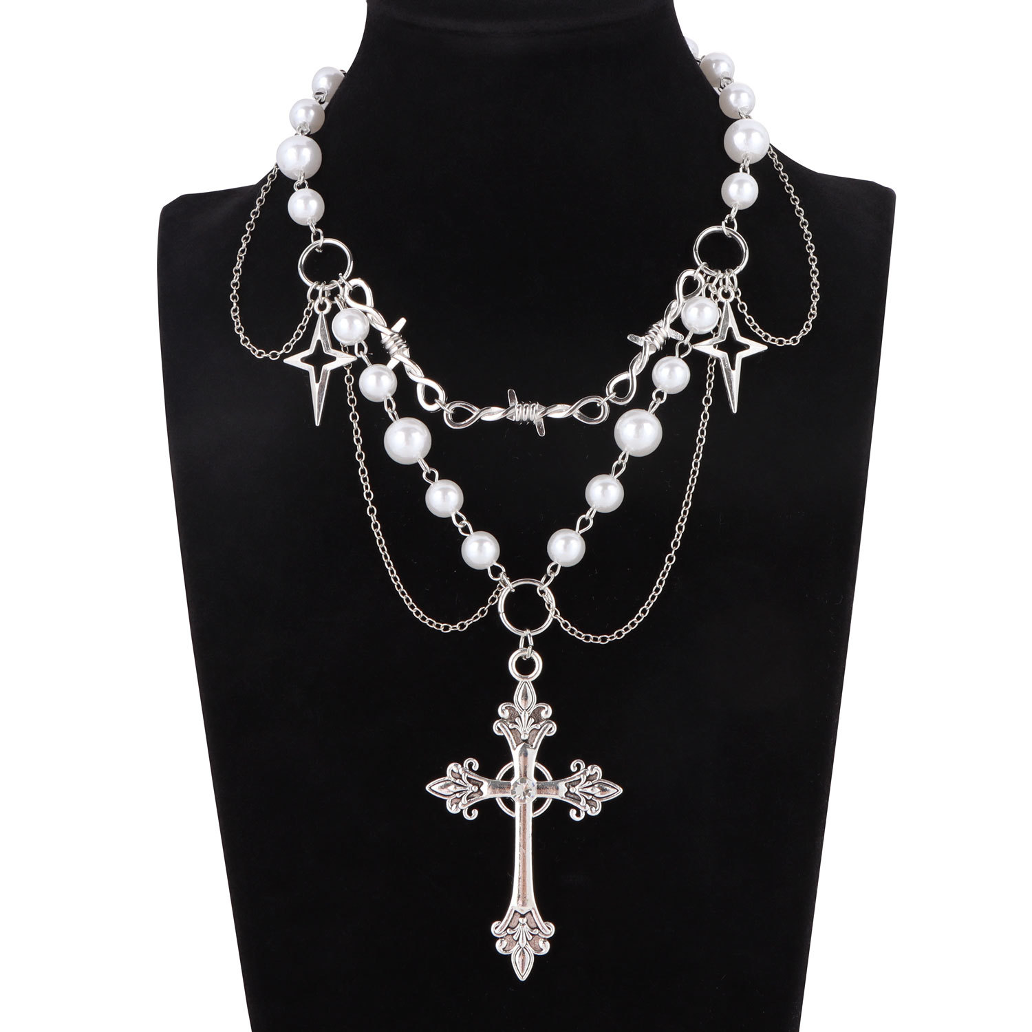 Pearl tassel cross hundred fashion necklace Europe and the United States niche design spicy girl party jewelry