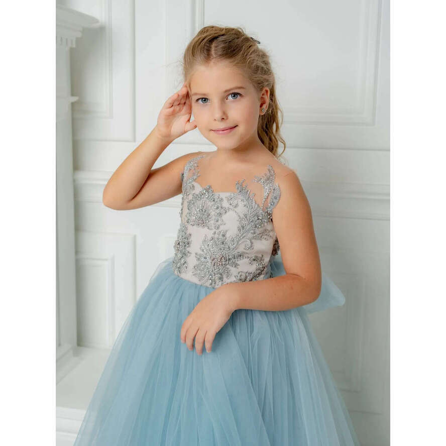 Blue Lovely Wer Girl Dresses For Weddings Appliques Beaded Tulle Little Girls Pageant Gowns Bow Birthday Party Kids Dress Mc