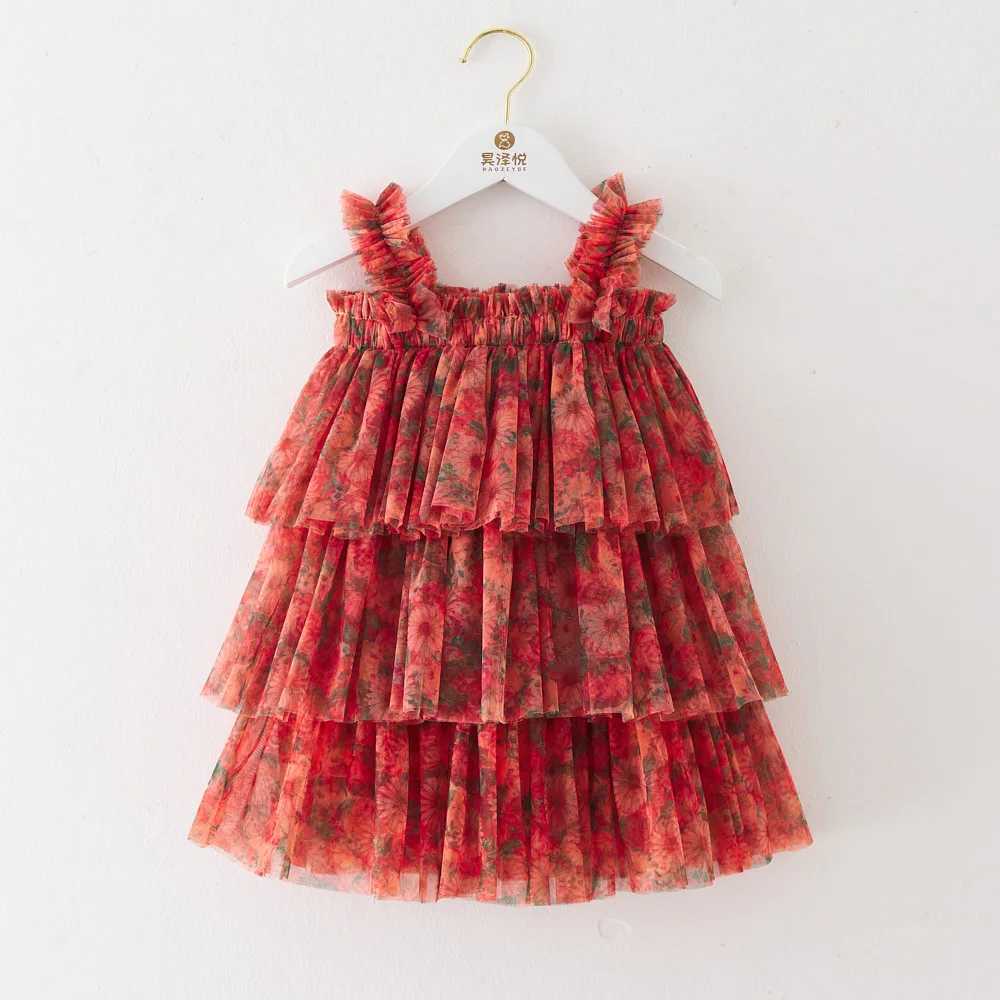New Cute Baby Girl Dress Sweet Flowers Stamping Drape Wrinkle Mesh Baby Dresses Fashion Baby Girl Clothes Princess Cake Frock X250220