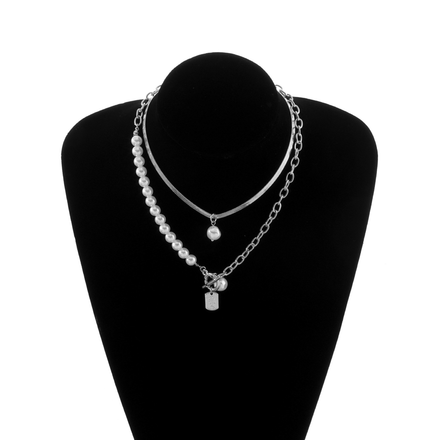 Baroque pearl portrait square plate multi-layer necklace set chain Europe and the United States retro new copper snake chain
