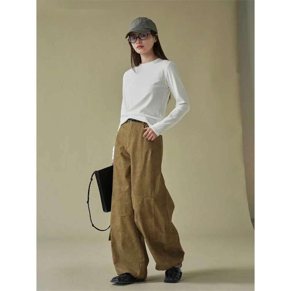2025 Heavy Weight Early Spring Washed Large Pocket Cargo Pants Women Loose Wide Leg Trousers Khaki