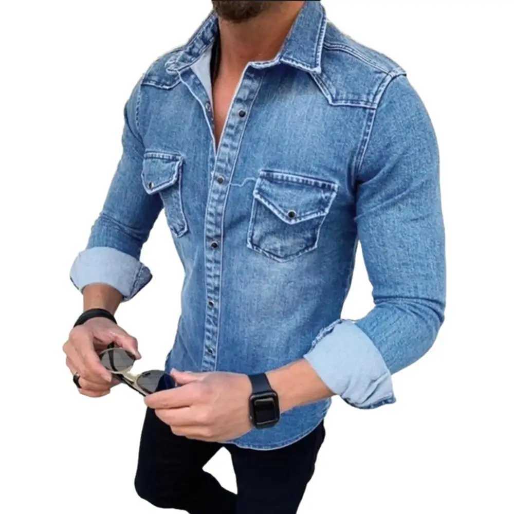 Fashion Long Sleeve Slim Fits Lapel Collar Pockets Denim Shirt Casual Mens Top denim shirts 2023 New W250220