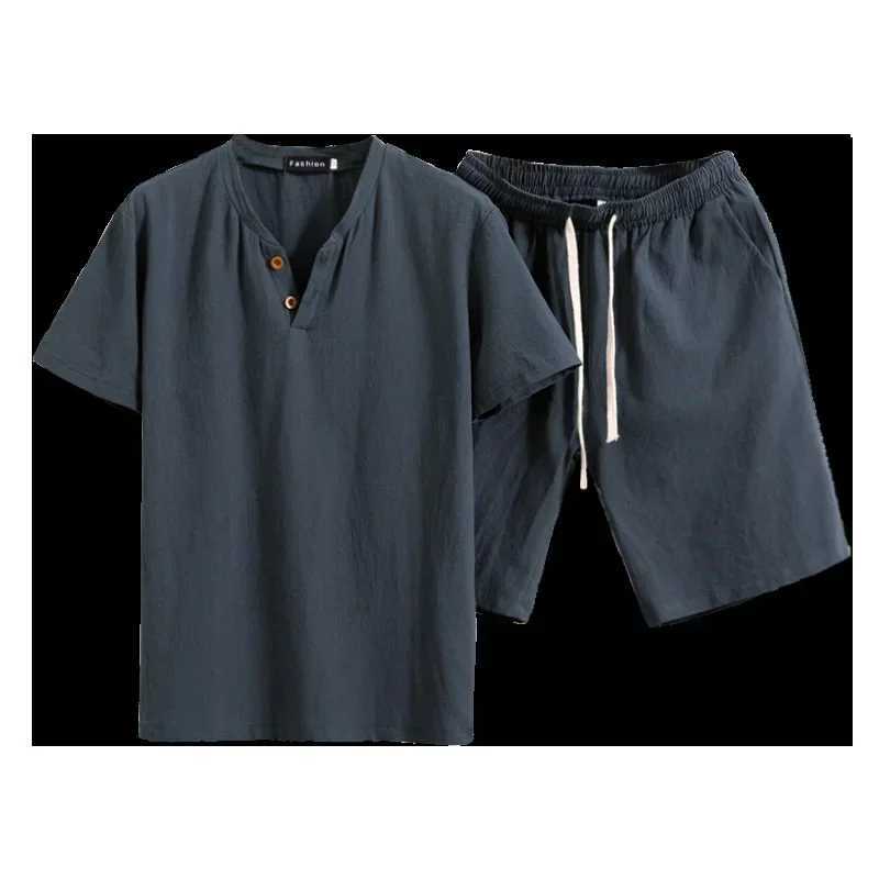 Mens Short Sleeve Set Summer Cotton Linen Double Button Large Solid Color Mens T-shirt Two Piece Set W250221