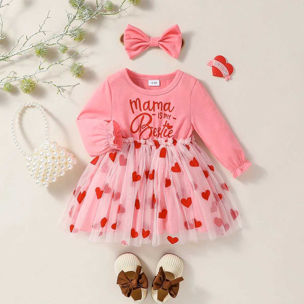 2024 New Baby Girls Spring Autumn Pink Long Sleeve Print Heart Letter Princess Vacation Outdoor Dress+Headband X250220