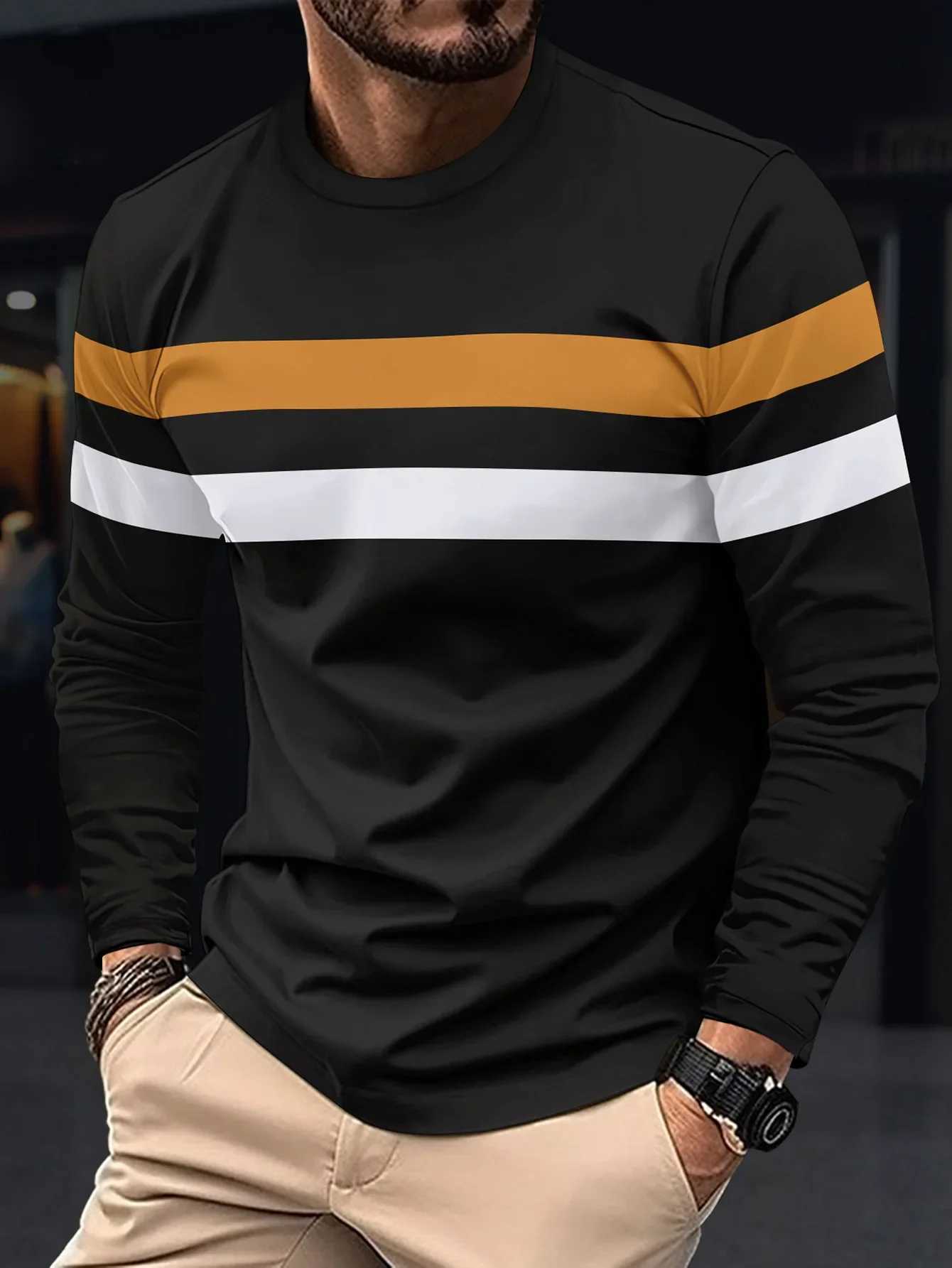 2024 Spring/Summer New Mens Fashion Long Sleeve Splicing Round Neck Breathable T-shirt Business Lightweight Casual Base Top W250220