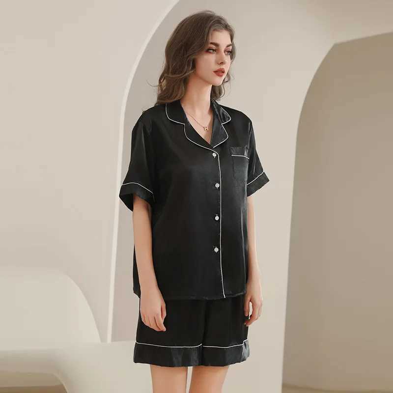 Womens Silk Pajamas Two-Piece Casual Comfortable Spwear Homewear Set Buttons Tops and Trousers Solid Nightwear LoungewearXJ250220