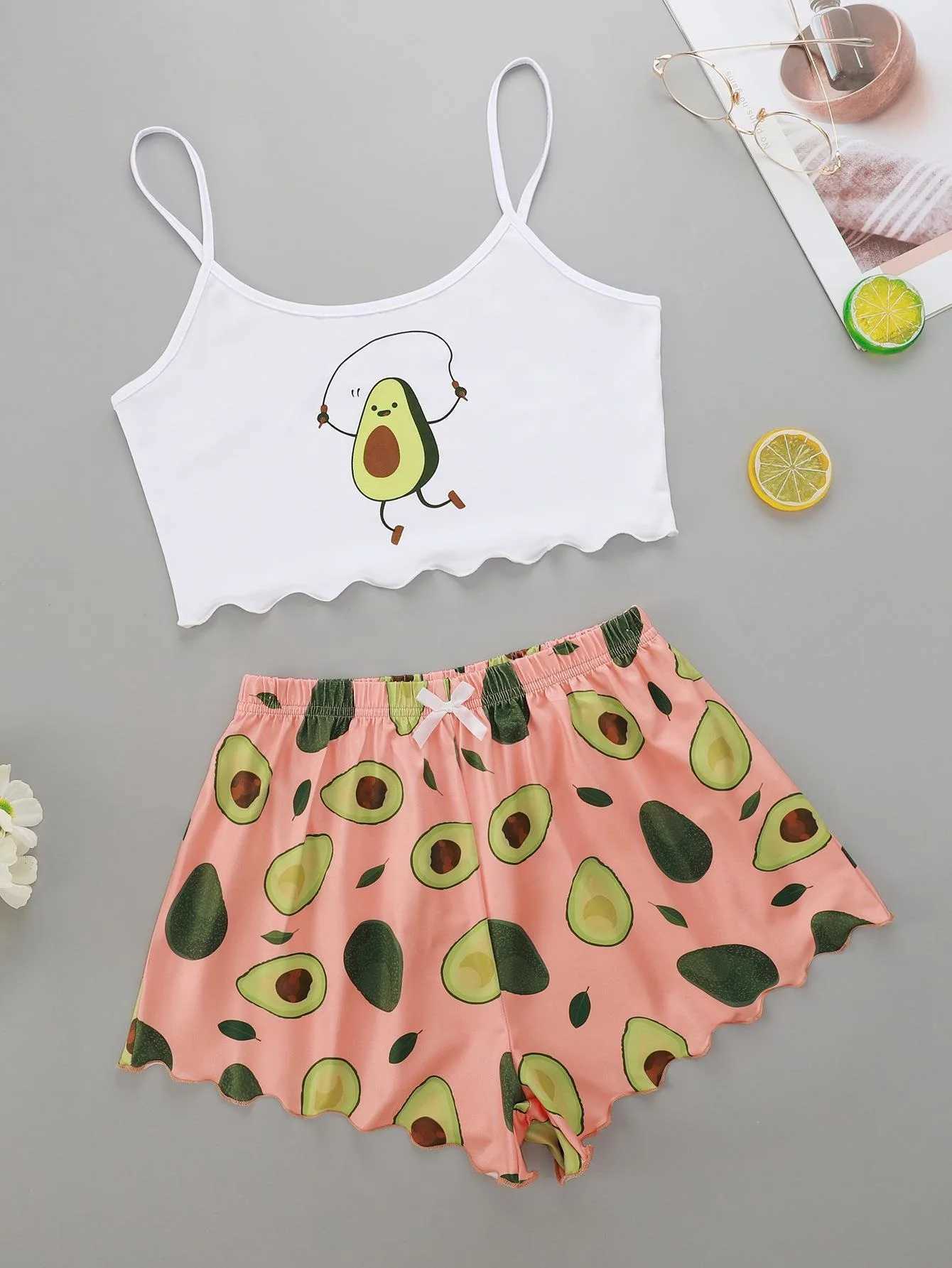 Summer Pajamas Set for Women Avocado Print Camisole with Shorts Casual Sexy Lingerie Nightie Homewear Spwear UnderwearXJ250220