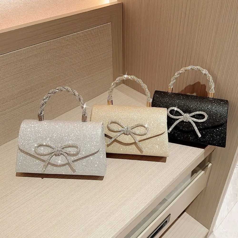 Elegant Rhinestone Bowknot Evening Bag Glitter Gold Silver Bow Chain Bag Handbags for Women Female Z250220