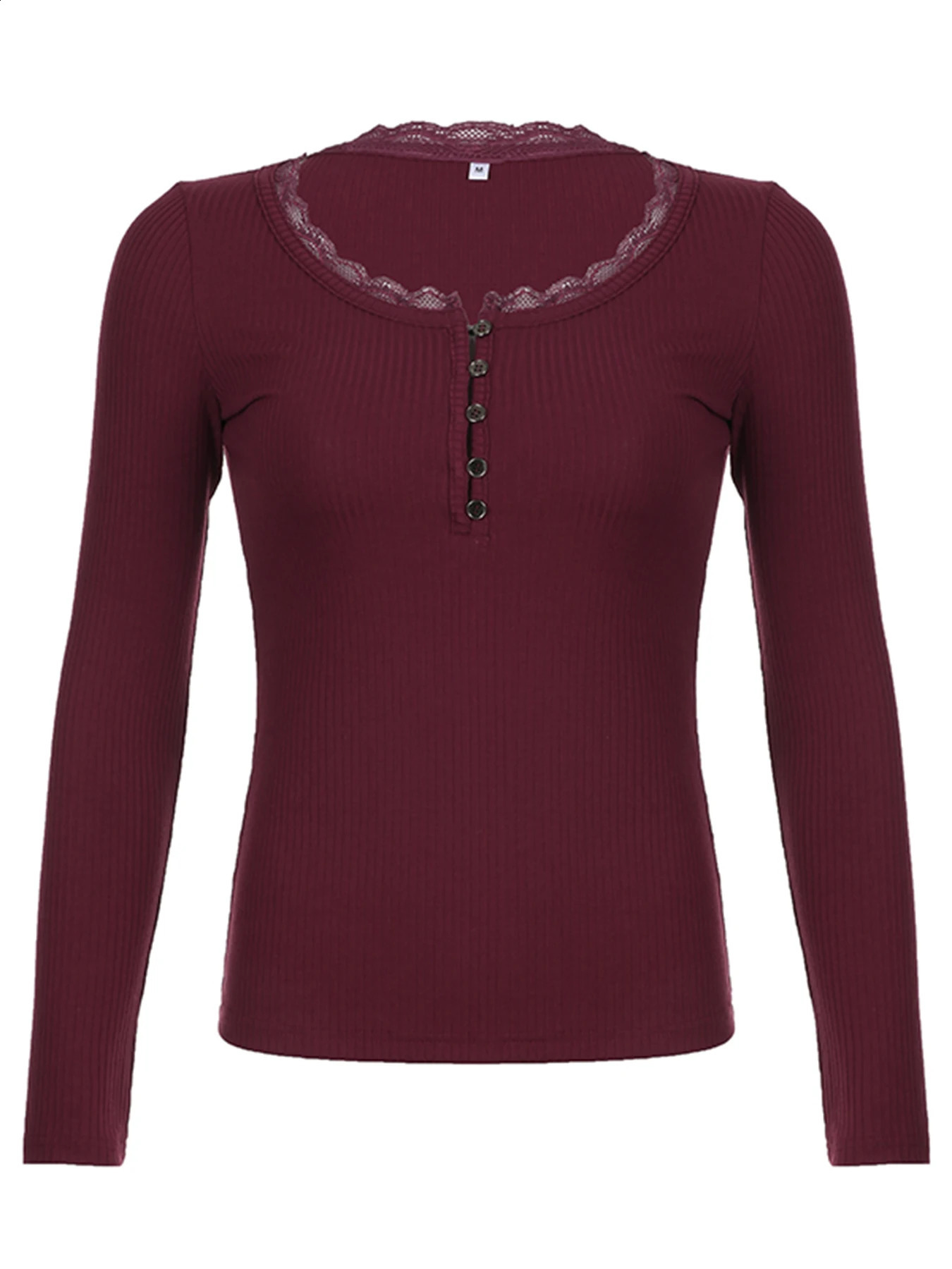 Christmas American Retro Red Solid Slim Ribbed T-Shirt Women Button Up Lace Trim O Neck Long Sleeve Spring Auttumn Vintage Tees 250219