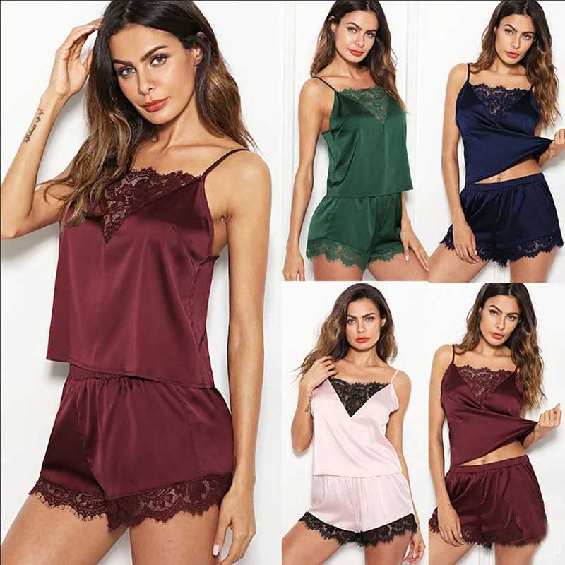 Women Pajamas Set Satin Lace Spwear Lingerie Ladies Elastic Suspender Shorts Nightwear Suits Sexy Sveless Underwear TopsXJ250220