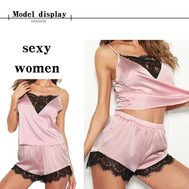 Women Ice Silk Pajamas Spwear Pajama Set Nightgowns Nightdress Camisole Shorts Black Red L XL Lace Casual Sexy SmoothXJ250220