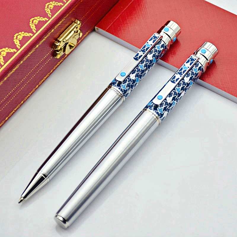 wholesale AAA Santos Series Ct Metal Rollerball Pen Sier And Blue Special Design Stationery Office School Writing Ballpoint Pens With Serial Number