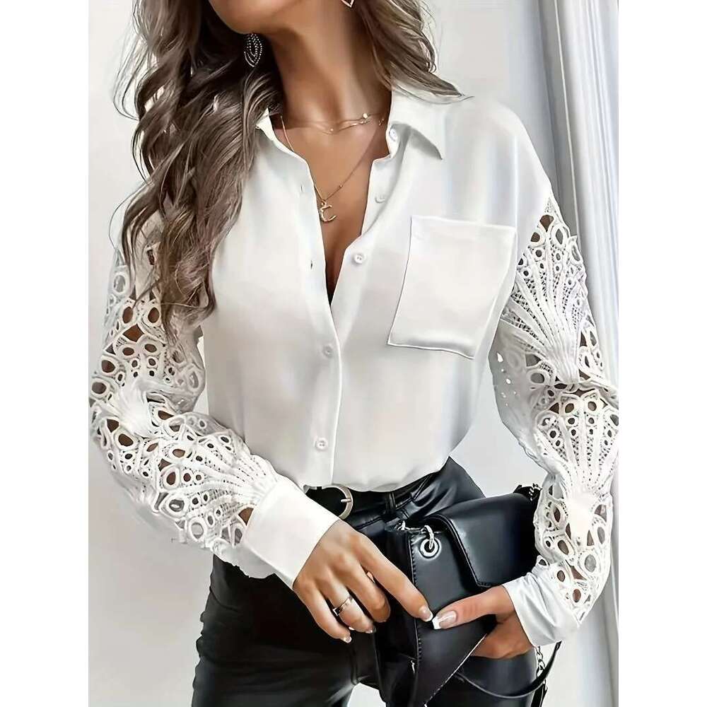 Plus Size 1Xl-5Xl Women's Fashionable Hollow Out Long Sleeved Shirt With Button Up Collar And Solid Color Pocket Top
