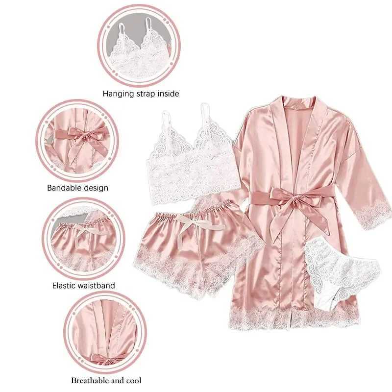Womens Summer Sexy Pajama Pants Set 4 Pieces Lace Satin With Silk Spwear Robe Fashion And Comfortable NightwearXJ250220