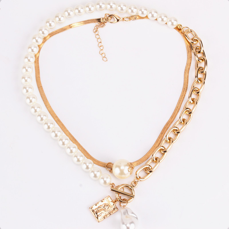 Vintage New Baroque Pearl Portrait Square Plaque Necklace for Women Double Set of Chains