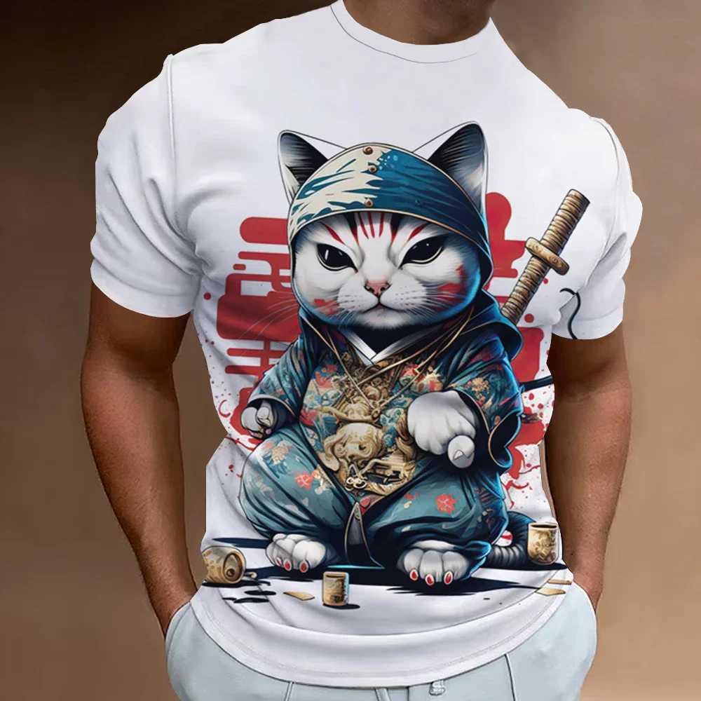 3d Samurai Cat Print Short Sleeve T-Shirt For Men New Retro Mens T-Shirt Fashion Oversized Man Clothes Quick Dry Tees Tops 2024 W250220