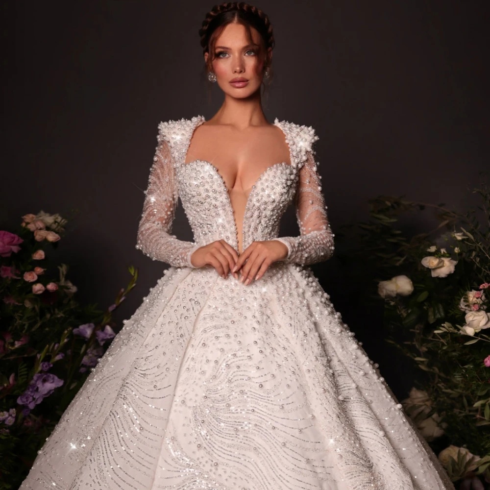 A e Women Wedding Sweetheart Neck Long Sleeves Bridal Gowns Sequins Pearls Sweep Train Dress Custom Made vestidos de novia