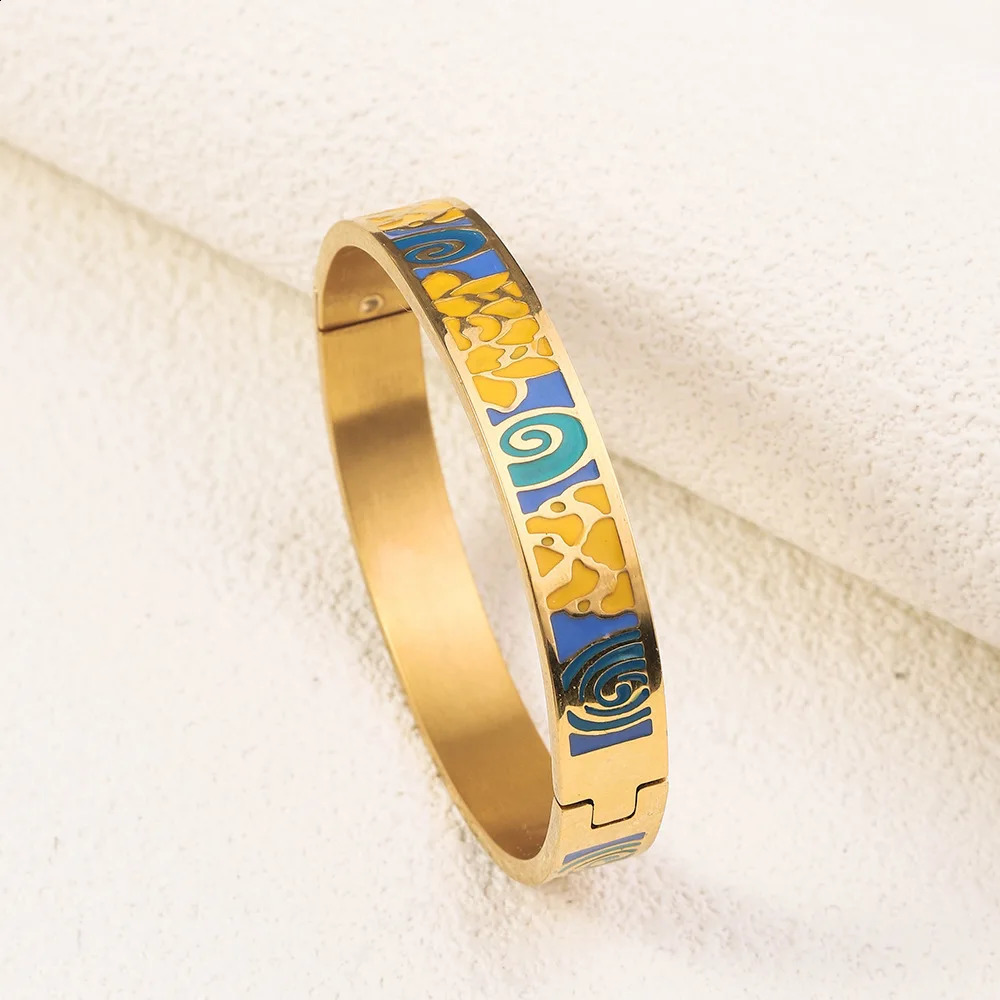 Vintage Stainless Steel Enamel Bracelet For Women Plated 18k Gold Color Open Fashion Jewelry Accessories 250220