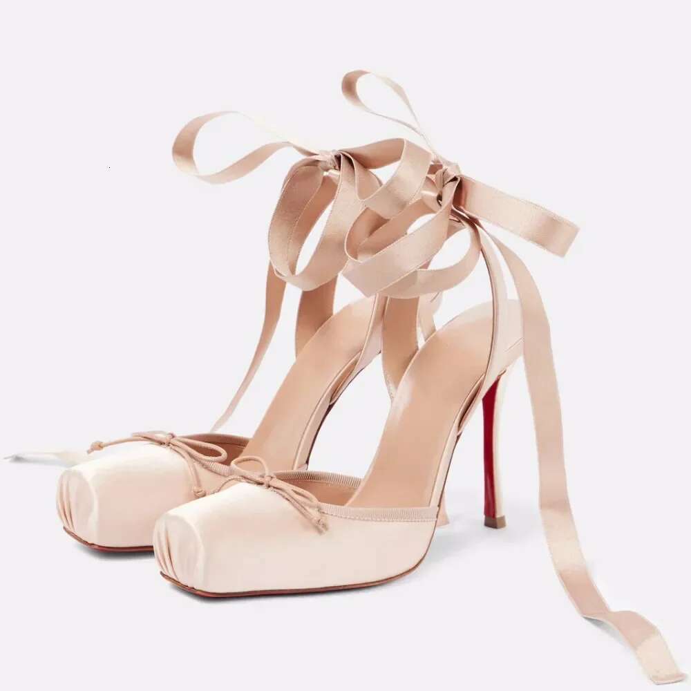 2025 Women's New Summer Square Satin Heel Sandals With Ankle Strap, Fashionable Party And Banquet Ballet High Heels 250313