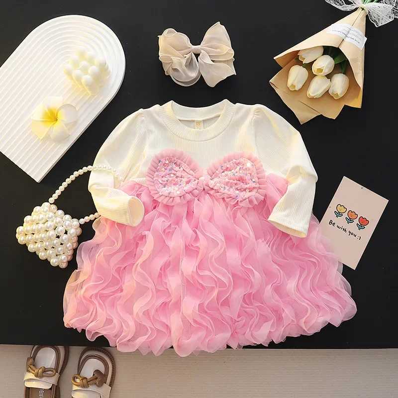 (Girls 0-3 Years Old) New Autumn Dress Upper Body Knitwear Bow Pleats Shaggy Mesh Pleats A-line Dress Birthday Party Team Dress X250220