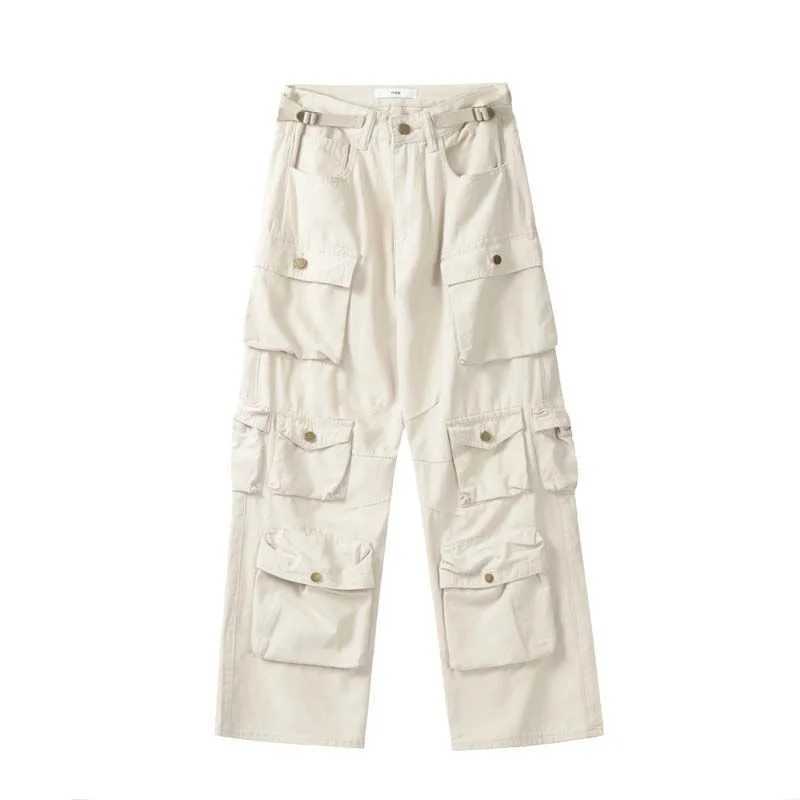 Street fashion white multi pocket mens Harajuku loose casual mens straight pants autumn new 2022T250319
