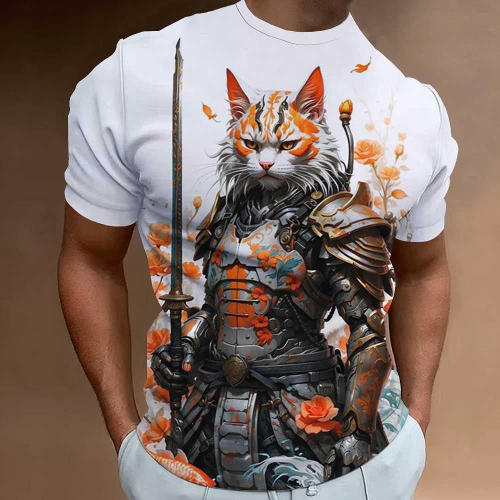 3d Samurai Cat Print Short Sleeve T-Shirt For Men New Retro Mens T-Shirt Fashion Oversized Man Clothes Quick Dry Tees Tops 2024 W250220