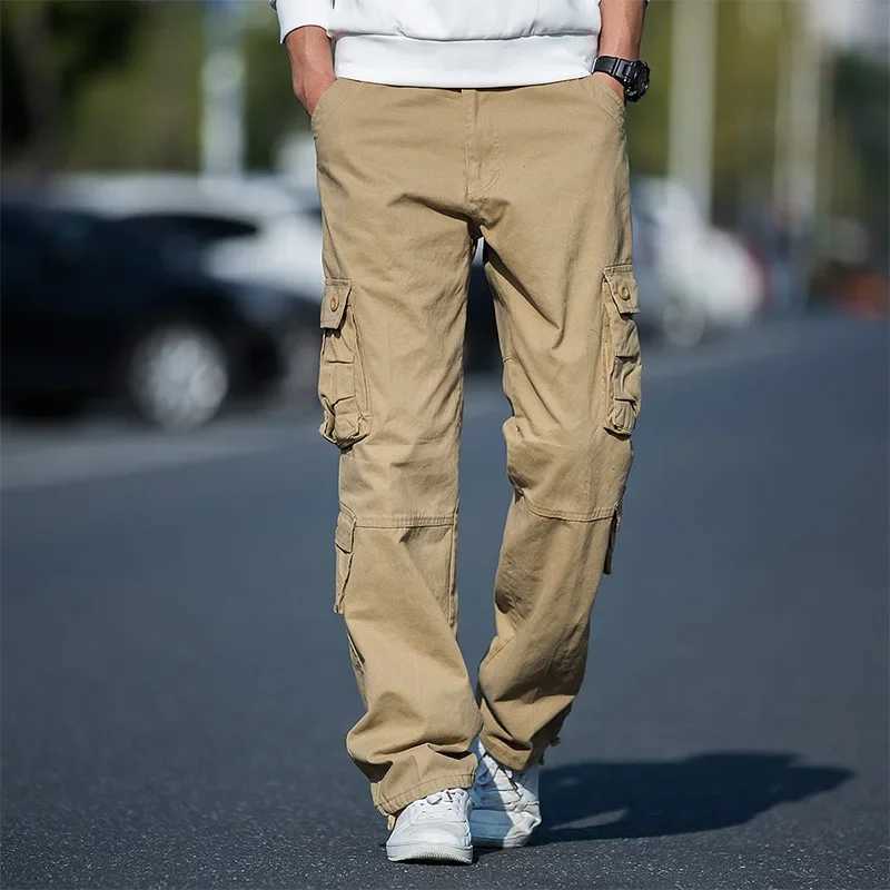 New Spring Mens Casual Pants Pure Cotton Plus Size Loose-Fit Cargo Pants Sports Straight-Leg Outdoor Multi-Pocket TrousersT250220