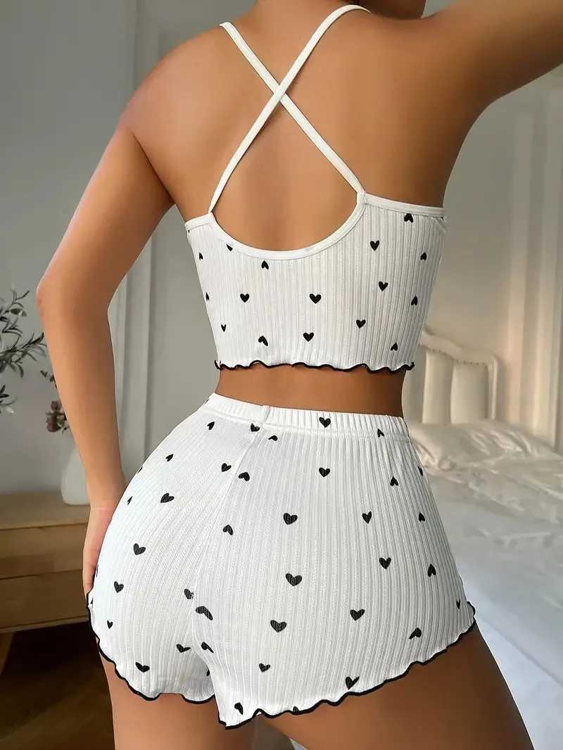 Heart Print Pajama Set for Women Sexy Spwear Silk Stain V-Neck Sveless Casual Cami Top and Shorts Sets LoungewearXJ250220