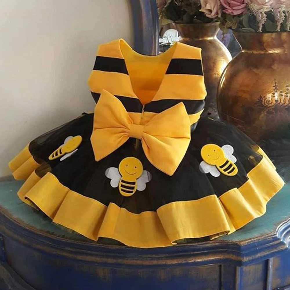 Yellow Bee Tutu ParTY Dress for Baby Girl Kids Bee Stripe Summer Casual Dress CHIldren Bow Daily Holiday Dress Girls Wear X250220