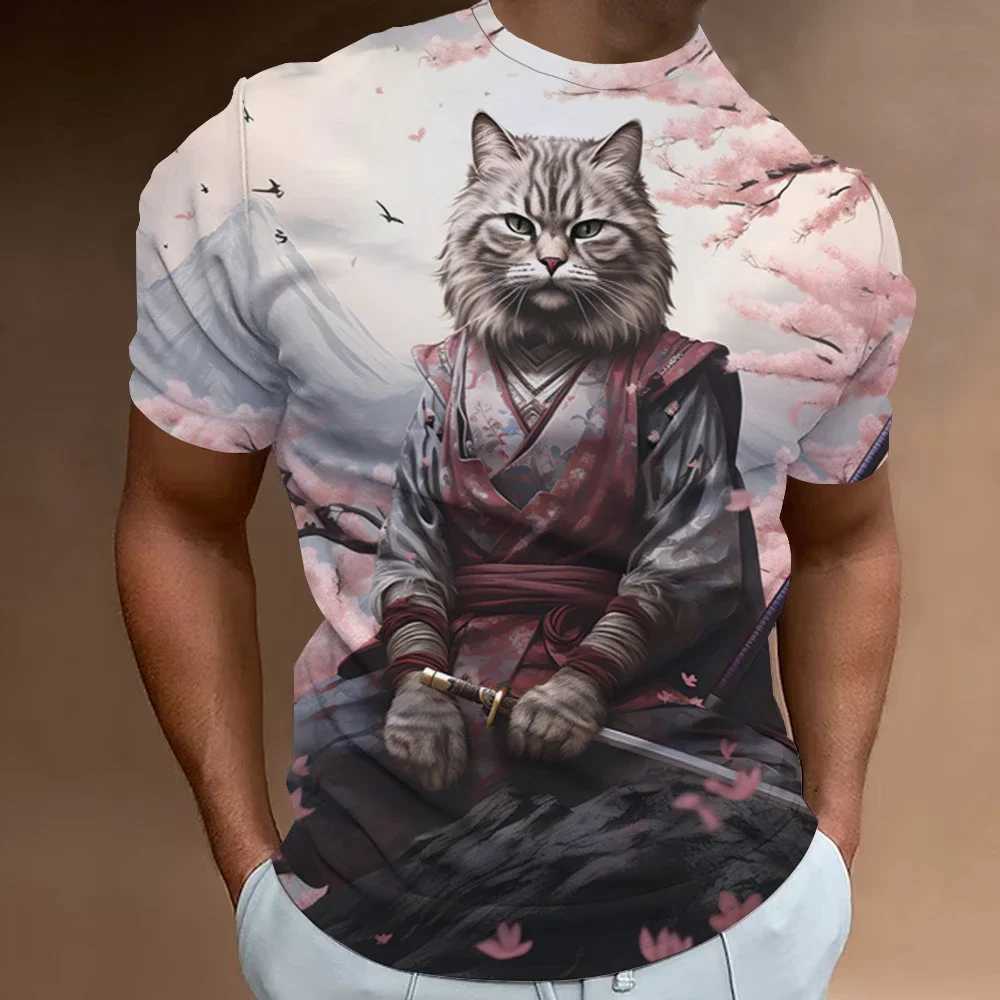 3d Samurai Cat Print Short Sleeve T-Shirt For Men New Retro Mens T-Shirt Fashion Oversized Man Clothes Quick Dry Tees Tops 2024 W250220