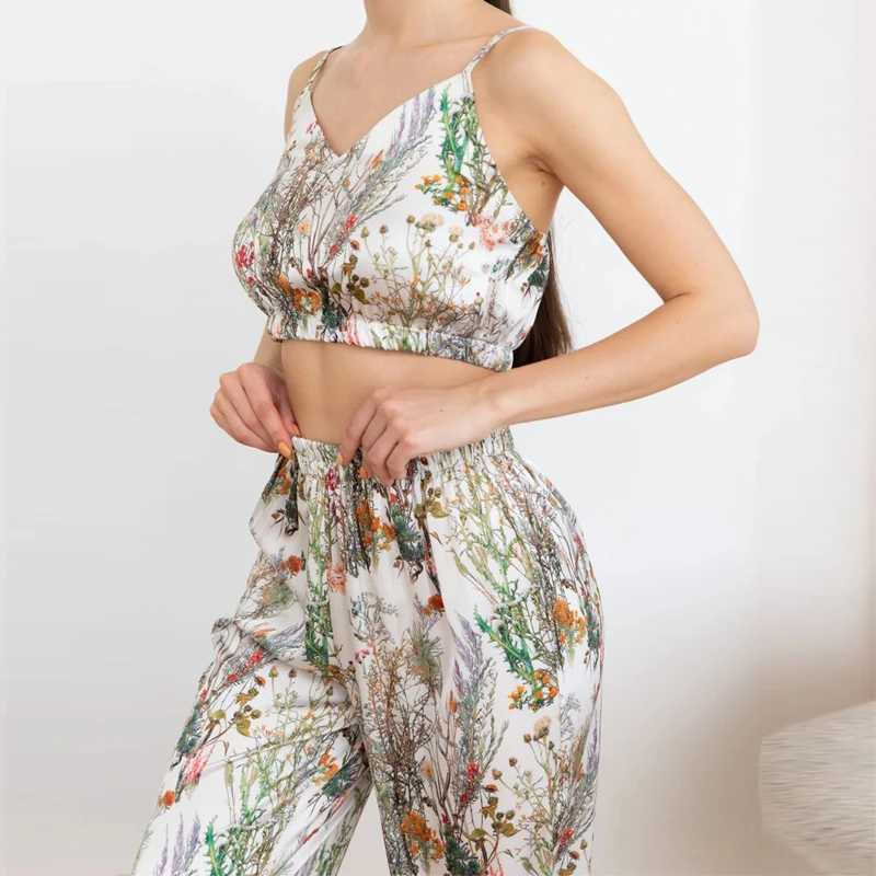 New Satin Silk Pajamas Set for Women Flower Print Spwear Sexy V-neck Sveless Top Nightwear Pijamas Home Clothes LoungewearXJ250220