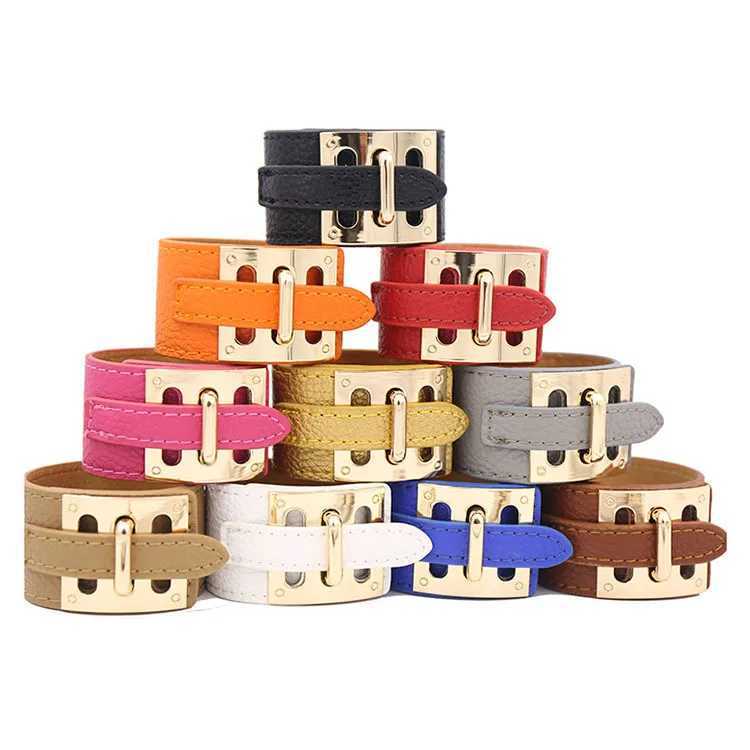 Charm Bracelets Kirykle 2021 New Women Bracelet 10 Color Hip Punk Wide Leather Bracelet High Quality Gold Alloy Buckle Bangle for Women Gift J250217 1