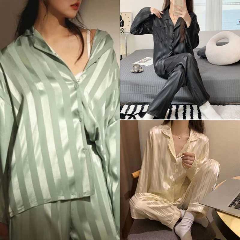 Spwear Ladies Spring and Summer Ice Silk Girls Homewear Long-Sved Trousers Silation Silk Green Striped Pajamas SetXJ250220