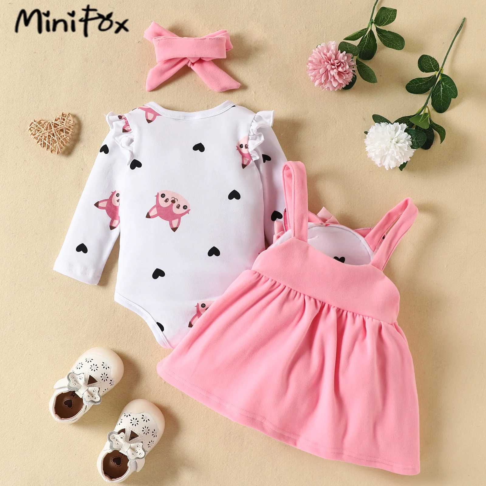 Prowow Cute Fox Baby Dress 3-Piece Heart Printed jumpsuit+Hanging Fox Dress Suitable for Girls Autumn/Winter Newborn Baby Clothing X250220