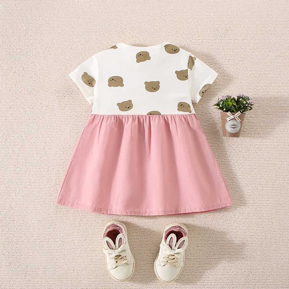 Summer womens cotton teddy bear printed short sleeved dress womens fake two-piece dress with cute dress X250220