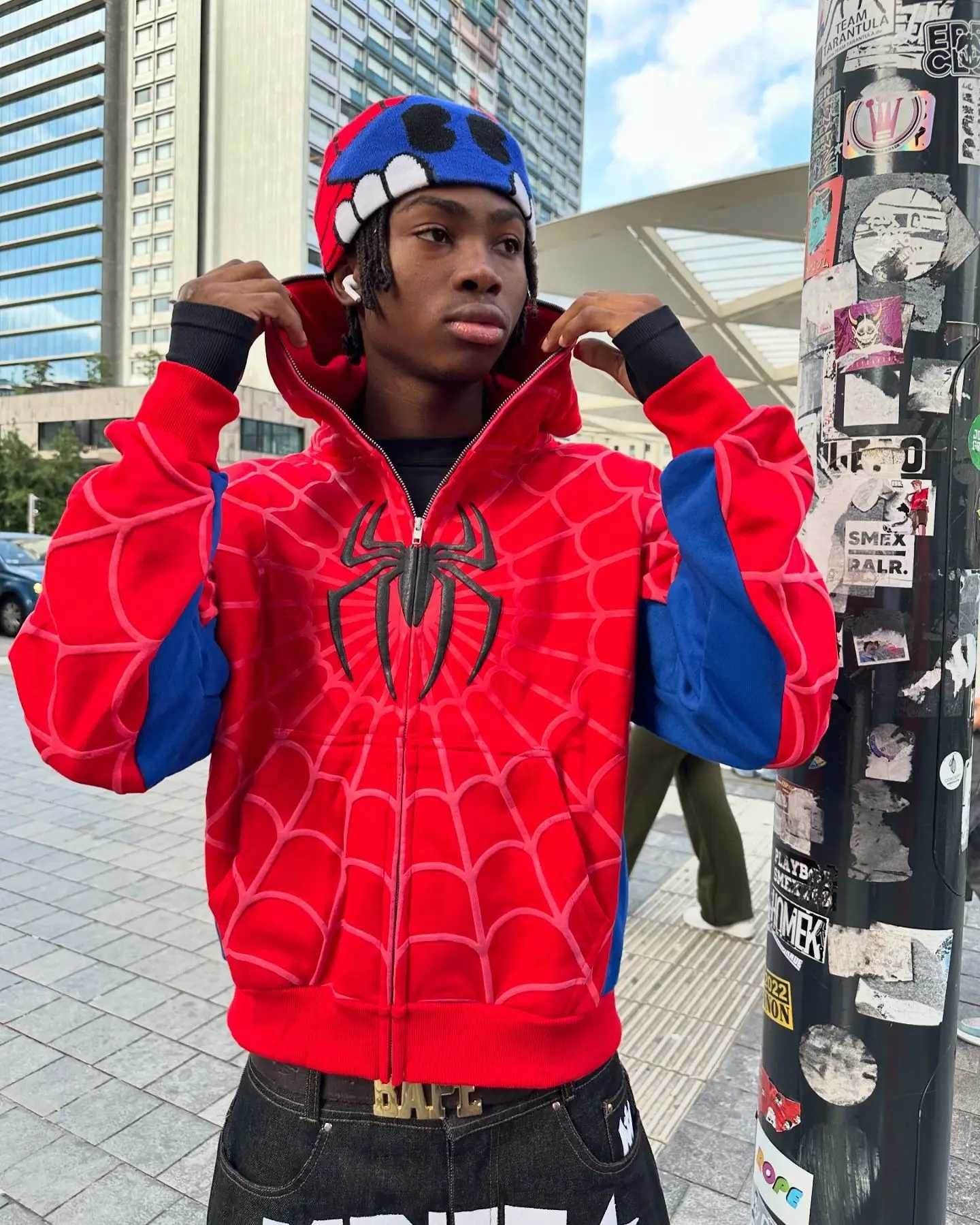 America Classics Gothic Red Spider Print Hooded Cardigan Full Zip Up Loose Men Women Hip Hop Hoodie Jacket Y2k Strt Sweatshirt X250220