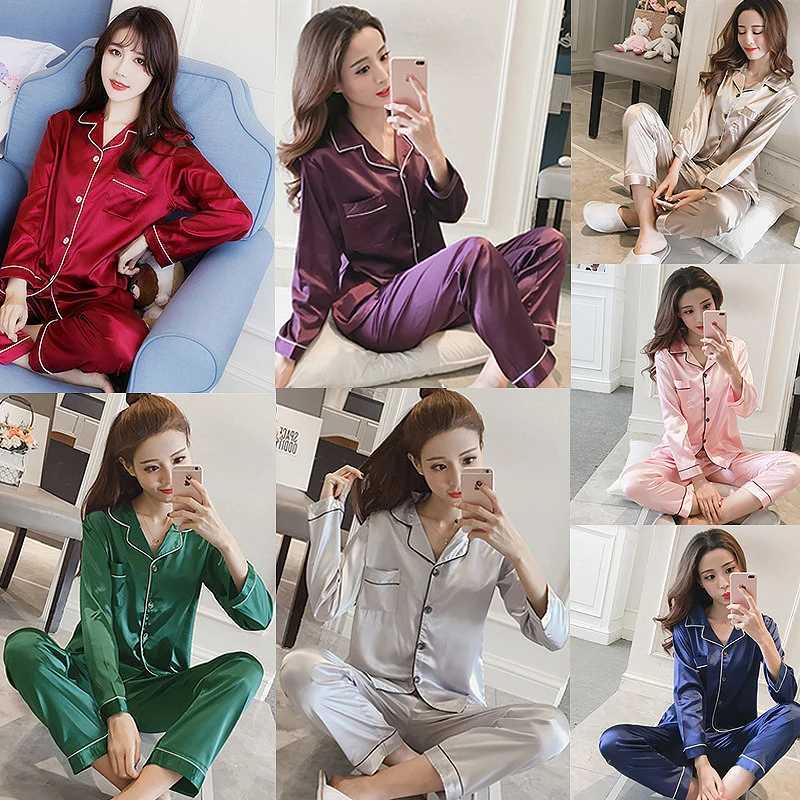 2PCS/Set Large Size Autumn Winter Ladies Long-Sved Pajamas Ice Silk Solid Korean Women Casual Cardigan Outside the HomewearXJ250220