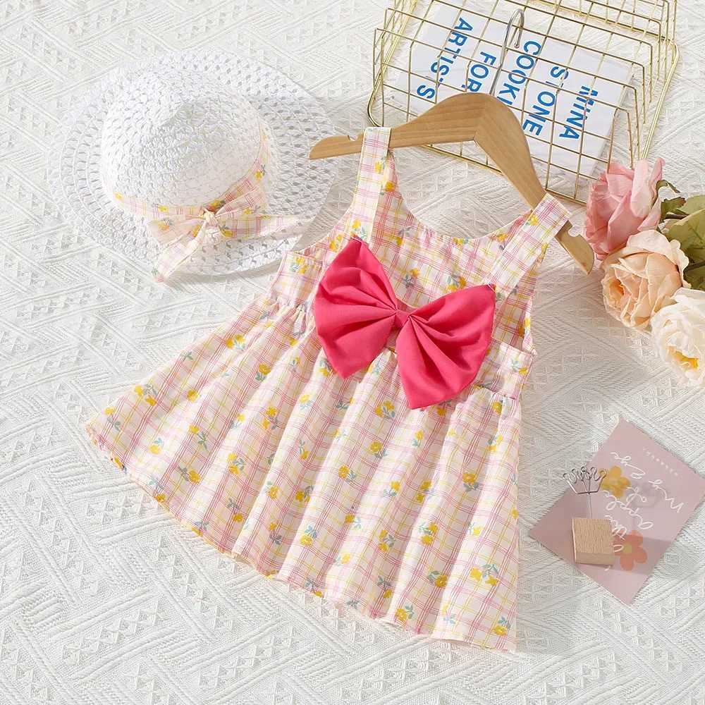 (0-3 Years Old) Summer Baby Girl Cotton Plaid Flower Suspender Dress Cute Bow Beach Dress With Hat X250220