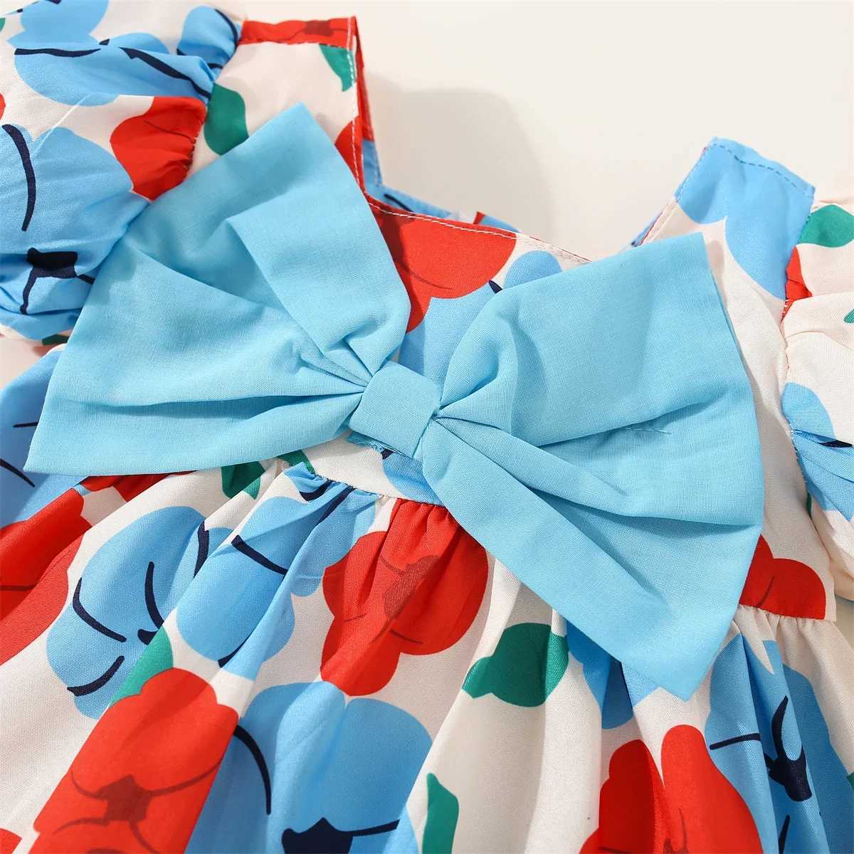 Girls Bow Dress Summer European And American Fashion Big Flower Short Sleeve Comfortable Square Neck Daily Knee Length Skirt X250220