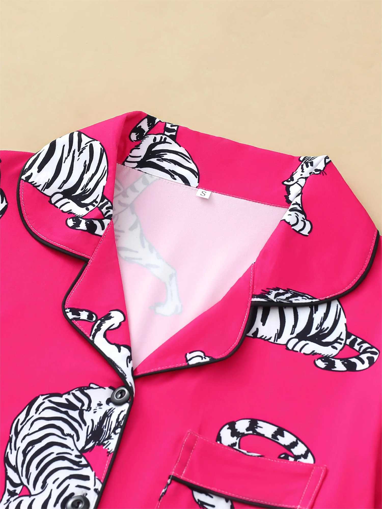 Two-piece set of womens pajamas lapel top and trousers Tiger summer casual warm womens pajamas home wearXJ250220