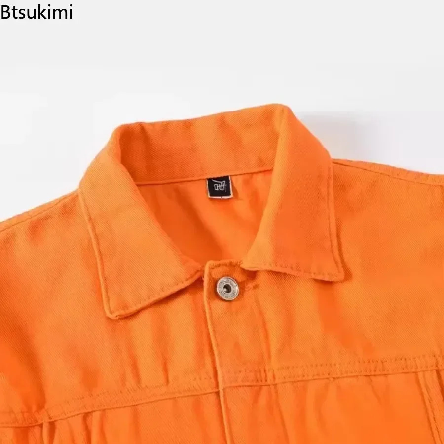 2025 Mens Casual Denim Jacket Korean Style Loose Cotton Handsome Tops Trend Orange Lapel Hip Hop Jean Plus Size 250212