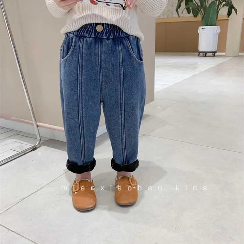 Childrens Plush Thickened Jeans Winter Pants Korean Boys Foreign Sle Warm Baby Casual Pants Toddler Girl Jeans Kids Outfit Z250220