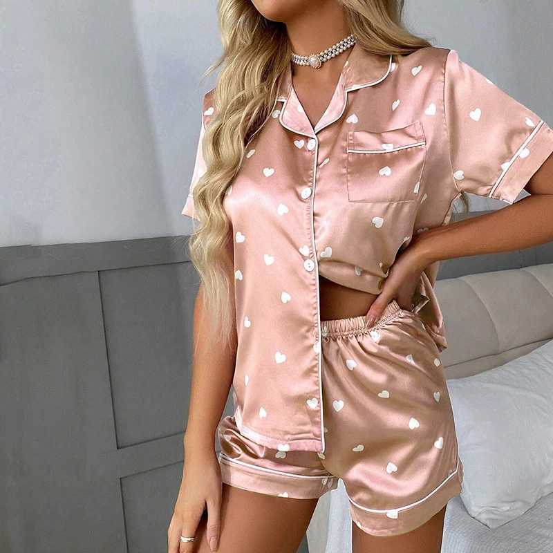 Womens Heart-shaped Print Satin Pajama Pj Set Soft Comfortable Short Sve Buttons Lapel Tops Shorts Spwear LoungewearXJ250220