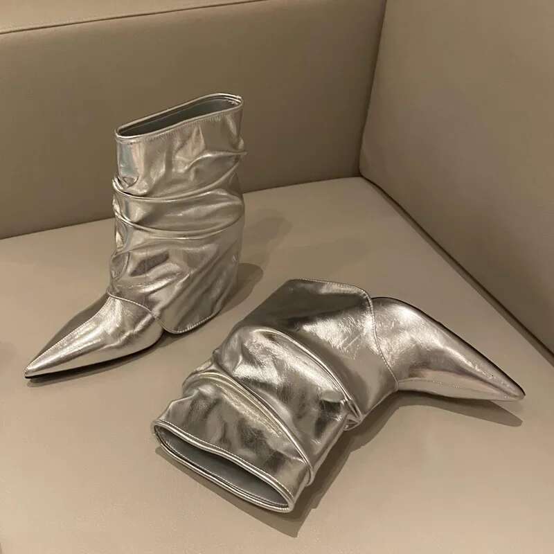 Eilyken 2025 Autumn Winter Pleated Pointed Toe Women Ankle Boot Wedges High Heels Banquet Prom Street Style Female Shoes