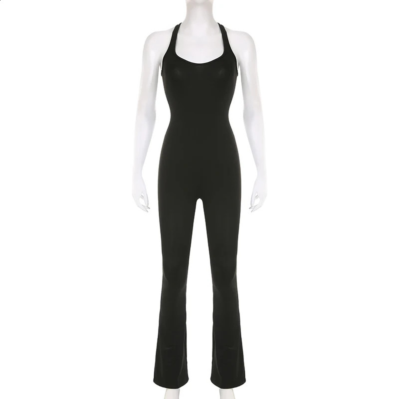 SUCHCUTE Women Sexy Jumpsuits Hollow Out Backless Sleeveless Solid Rompers Casual Bodycon Streetwear Sporty Overall Black Summer 250220