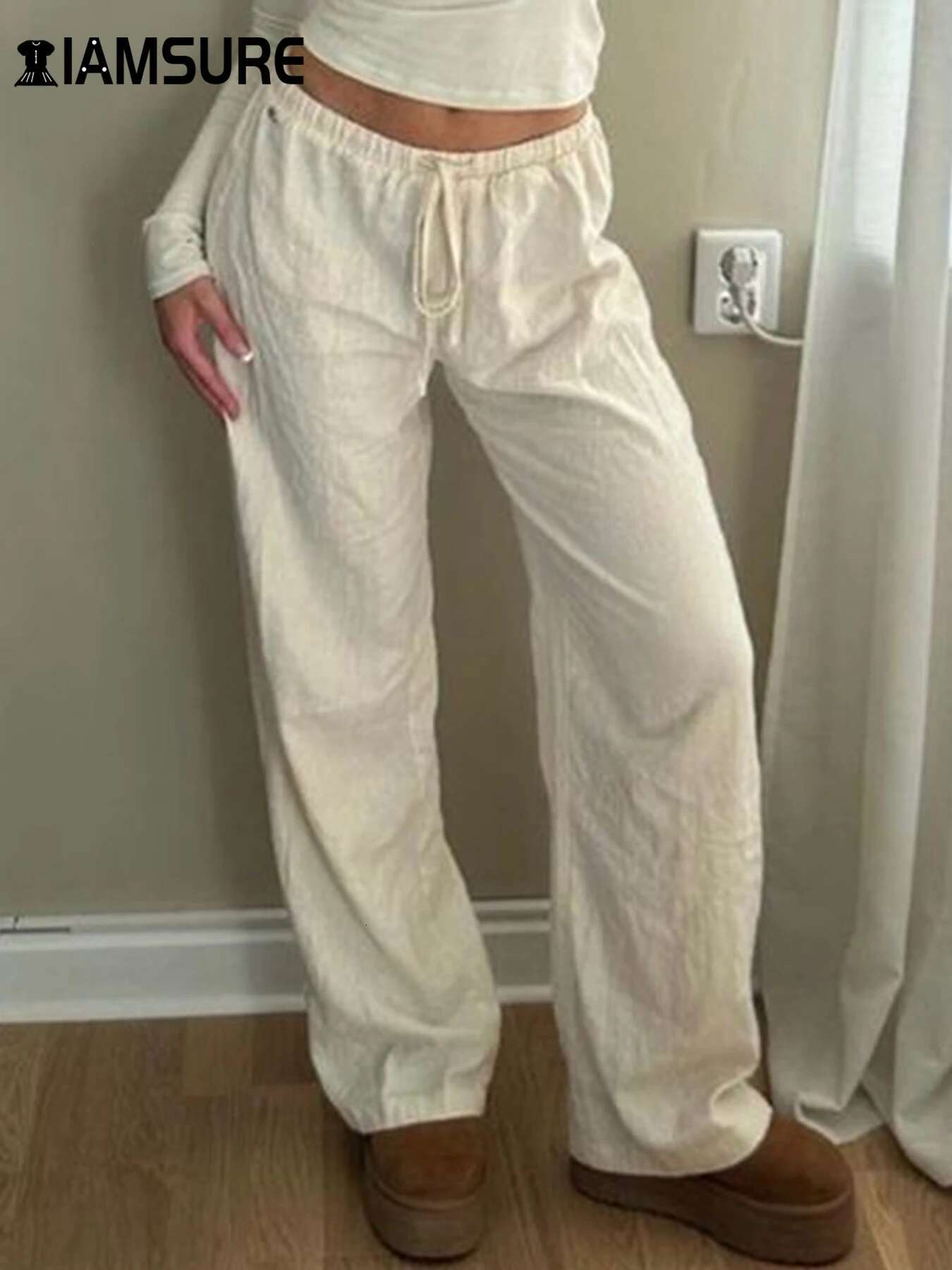IAMSURE Casual Loose Bandage Straight Basic Elastic Low-Waisted Wide Lge Pants Women 2024 Summer Fashion Streetwear Ladies